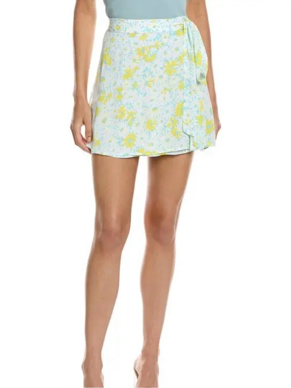 Chaser Light Blue and Yellow Daisy Floral Wrap Mini Skirt